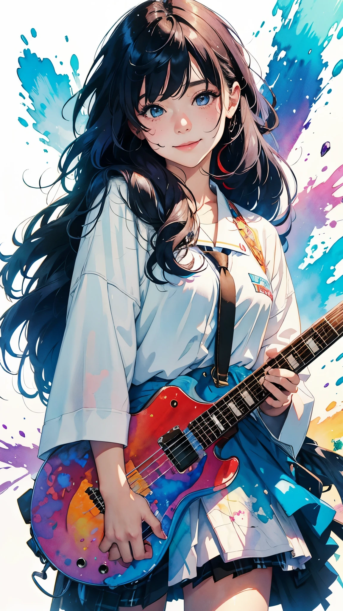 Splatter backgrounds and spray paint effects by Adam Hughes、Schoolgirl uniform、Center of upper body、Multi-coloured hair、Close ~ eyes、Big happy smile、watercolor画、watercolor、watercolorスタイル、watercolorの詳細なアート、watercolorデジタル画、watercolor絵の具、非常に詳細なwatercolor画、watercolor、Japanese women、18-year-old、Long Hair、guitar、Dynamic pose。