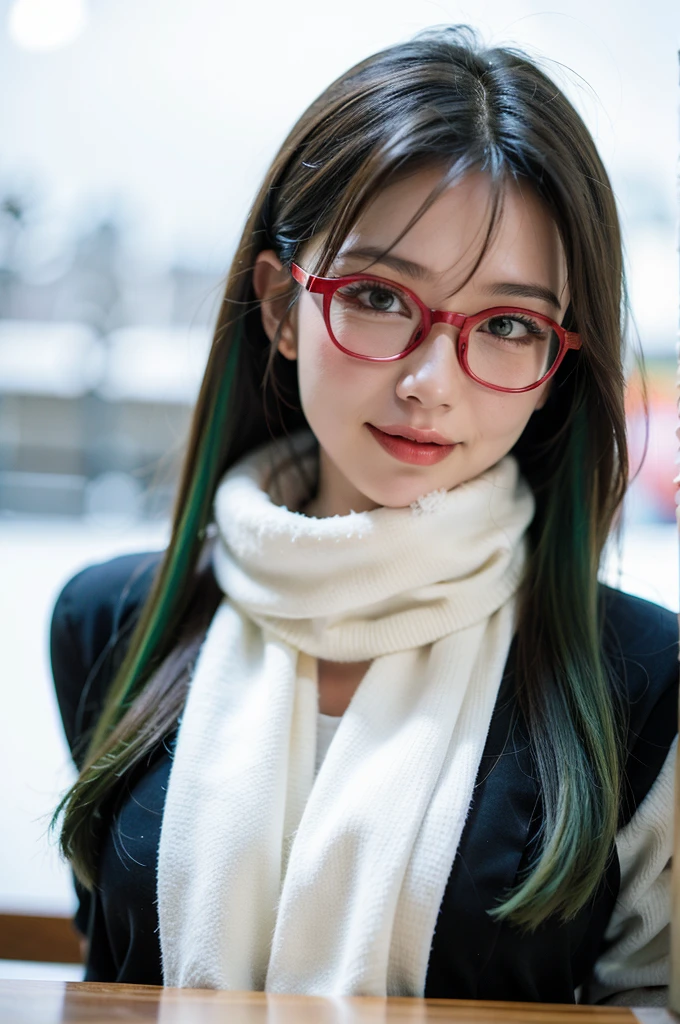 snow scene、snow powder、snow queen、Smiling face close-up、glossy lips、shining eyes、snow girl、Snow suit、role play、(realistic、high resolution)、(1 girl in)、snow girl、Makeup Eyes、korean girl、(best quality), (on the table), (1 girl in), alone, a beautiful girl, perfect face, dreamlike、Highly detailed airbrush art((Surrealism))、Volumetric lighting、(top quality)、The Super detailed、(Movement components:1.4)、Highly detailed color details、(bright lights)、dynamic combination、Ray tracing、mirror reflected light、shallow view deep、Super detailed、mixed exposure、north african trade zone、Her eyes sparkled with light green light、red glasses，Red half-rim glasses、Long ponytail hairstyle，Black hair and green hair, Good-looking hair accessories，Falling snowflakes in the background、Snowy mountains sparkling