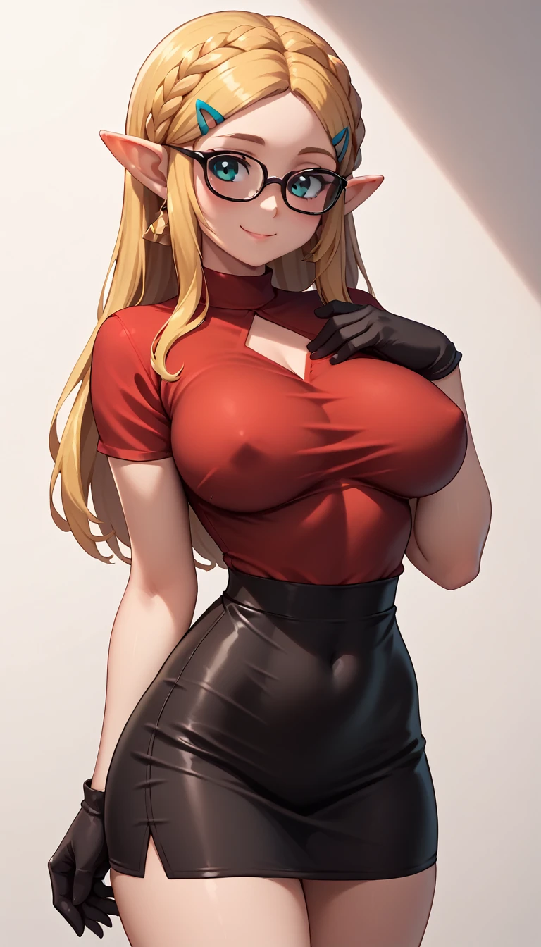 High resolution, Very detailed, perfect lighting, beautiful detailed eyes,   ((masterpiece,Best Quality)), absurdities, alone,     princess zelda, by the width, crown braid, Hair clip, pointy ears, Tight red shirt, Gloves without fingers, black gloves,  short tight black skirt, smile, curves, nod,   ,  deep neckline, deep neckline, NSFW, visible nipples, visible nipples , touching his chest in a sexy way, touching his chest in a sexy way, sexy secretary dress, sexy secretary dress, Primer plano frontal, glasses