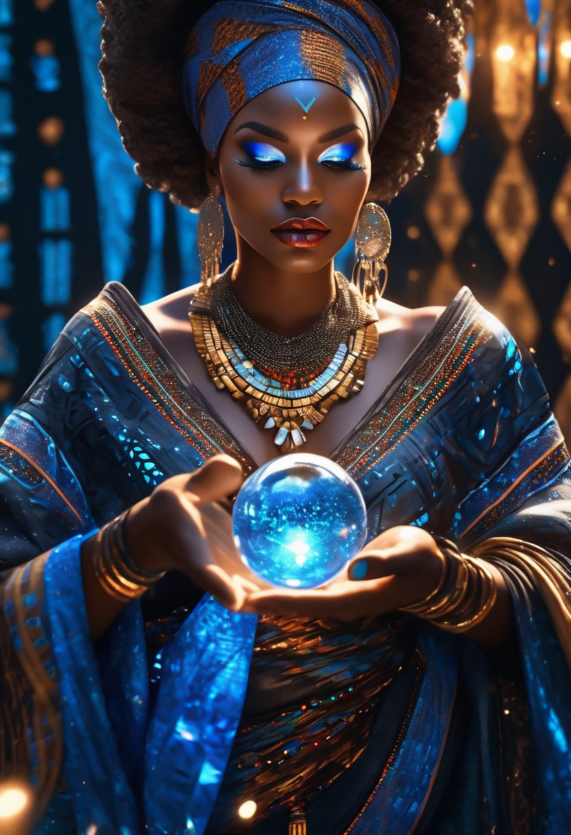 Half body shot of A blue hologram image of a glowing crystal ball floating in the arms of a black woman dressed in african clothes, very high detailed and clear image, 32k high definition and high resolution images, unreal engine 5 rendered. Hyper-realistic images with high detailed features providing a viewer with a clear high definition well created masterpiece of art..