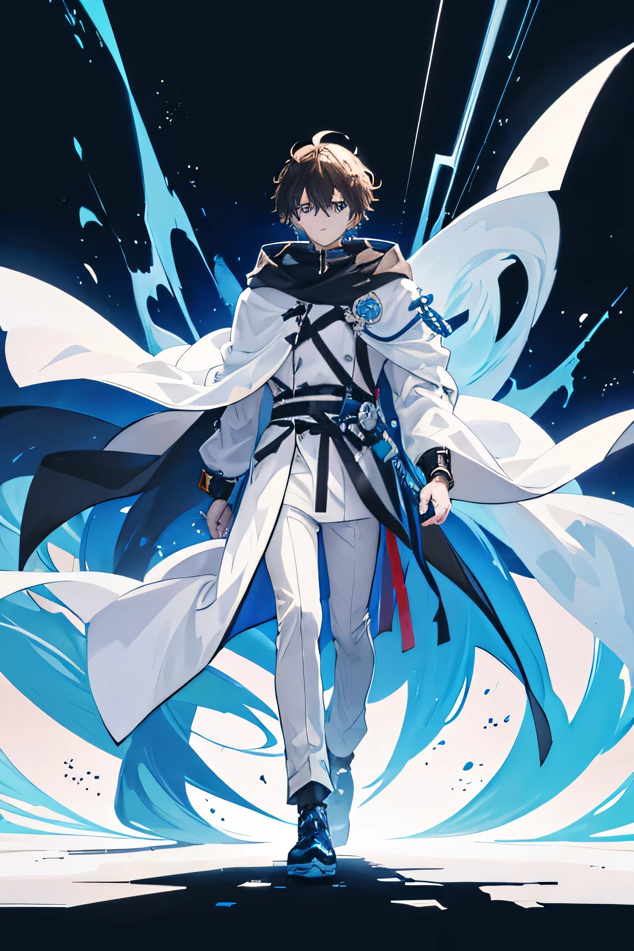 (1 man), anime, anime guy, brown messy hair, blue highlights, wearing a long, white, open coat, held in place by a black sash and had a black hood, black and blue outlining, and a blue chain fastened to its back, serious, 8k, tall, anime full body illustration,