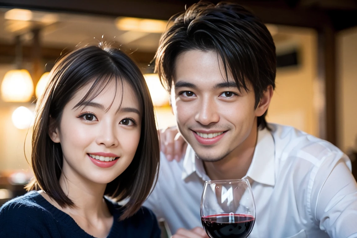 ((Highest quality、8k、masterpiece:1.3))、Slim Couple、Model Couple、(Realistic, Intricate details:1.2), full-course dinner、wine 、Amazing view of the sunset sky and clouds、A bright smile、The wonderfulness of smiles、Bright image、wineの美しさ, Beautiful Face, blue eyes, The light shines on your face, blush, short hair,Bright Face、 (Age 35), 38 years old, 赤wine 、Appetizers、Italian food、wine bottle、Champagne、スパークリングwine、Two beauties、Brown Hair、Shortcuts、Long sleeve shirt、dress、Two beautiful women