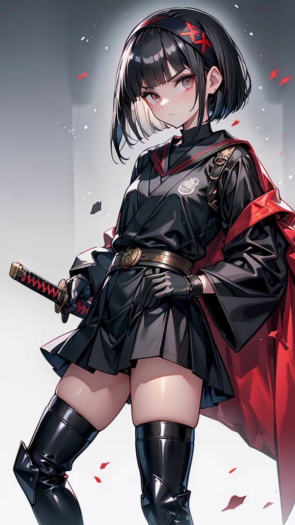 mature　Bobcut　Black Hair　expensive　Narrow eyes　Glaring at me　Glare　frivolous attitude　Black Sailor Suit　Armor　Wear a headband around your forehead　tiny hand　Hand guard　gloves　Black boots　Holding a Japanese sword　battlefield