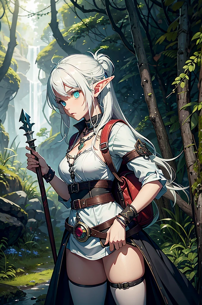 Create an realistic RPG-style image of a heterochromatic female elf in a forest with white hair and black leather armor, seen from the front, has one green and one blue eye, have a ruby amulet. On her back is she holds a large sickle, while on his waist are two small sickles attached together by a chain on their handles. She also appears to be carrying an adventure backpack. A small global astrolabe floats next to her, glowing red.