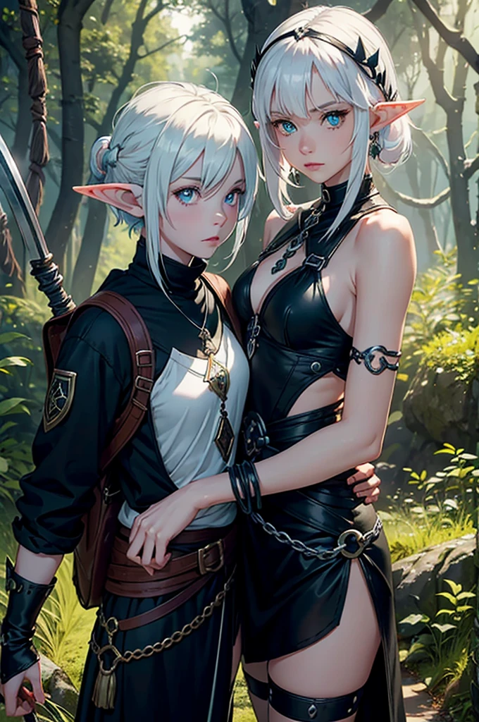 Create an realistic RPG-style image of a heterochromatic female elf in a forest with white hair and black leather armor, seen from the front, has one green and one blue eye, have a ruby amulet. On her back is she holds a large sickle, while on his waist are two small sickles attached together by a chain on their handles. She also appears to be carrying an adventure backpack. A small global astrolabe floats next to her, glowing red.