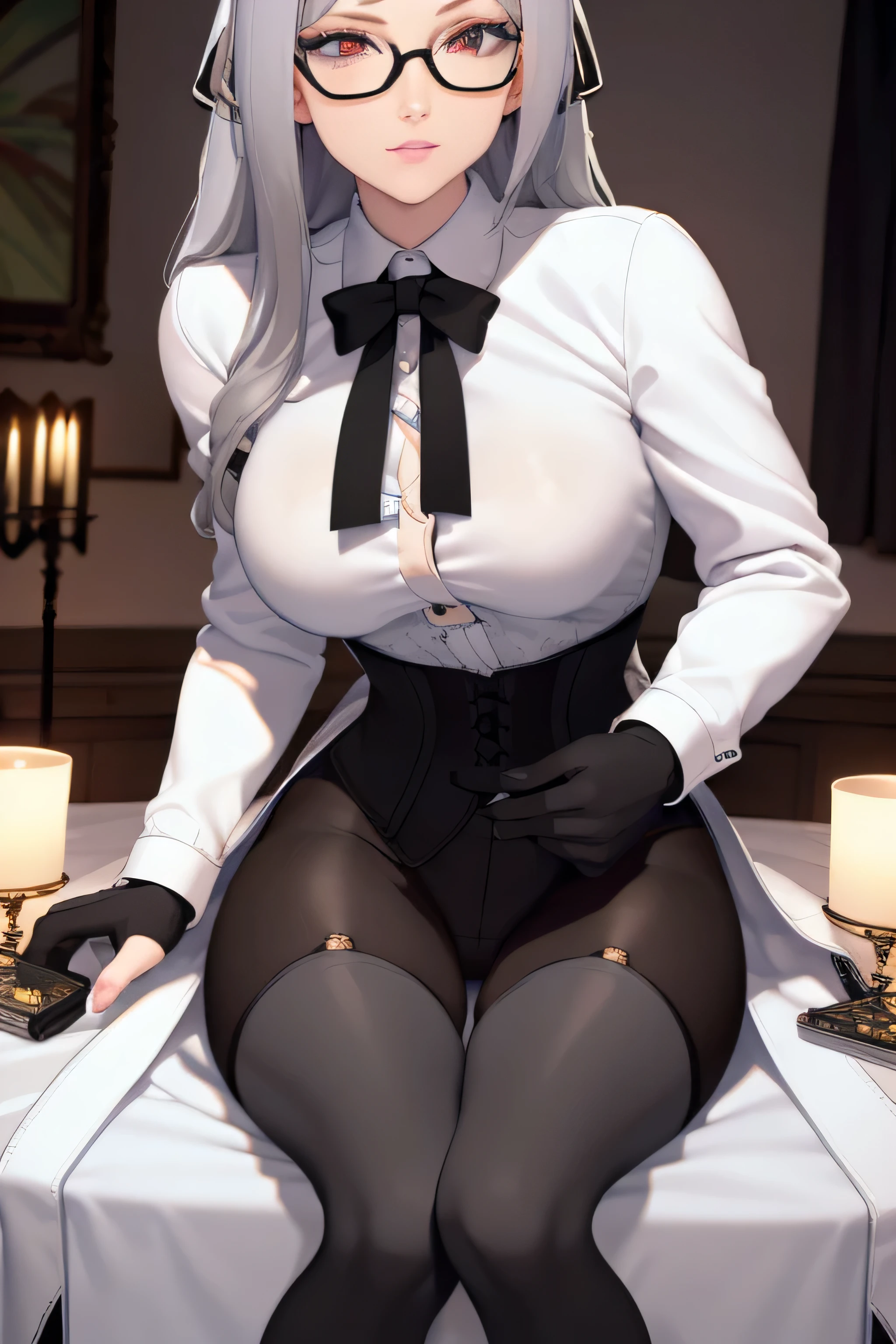 masterpiece, beautiful art, professional artist, 8k, Art style by sciamano240, Rostro von Bronya Zaychik, detailed body, very detailed face, very detailed eyes, detailed clothing, detailed fabric, best quality, Better resolution, 1 girl, front view, Stand, big boobs, Serious expression, in the night time , Silver hair, Glasses, neck ribbon:1.6, (Long-sleeved white button-down shirt), (shiny black corset), black gloves, that cover your hands, (shiny black leggings), look at the viewer, elegant dining room, in the night time