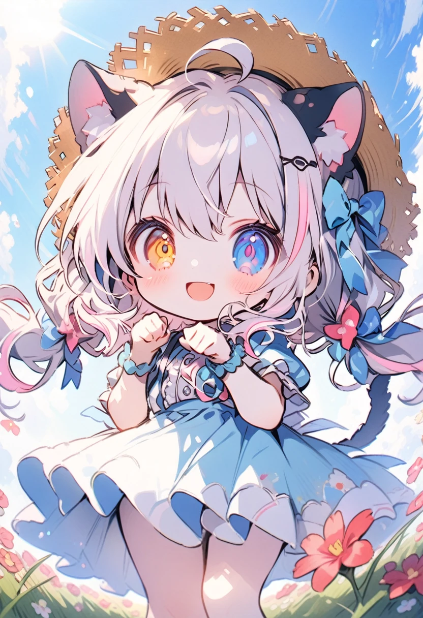 masterpiece, best quality, beautiful, 8K, highres, ,1girl, kemono, delightful, smiling,looking at viewer, medium hair, wave hair, hair between eyes, ahoge,twintails, wavy hair, shiny hair,pastel pink hair,colored inner hair, streaked hair, colored , heterochromia.golden eyes, with sparkling eyes, big eyes, wide-eyed, pale skin, fair skin, shiny skin, detailed skin, pale skin, chibi, short sleeves,slim, frilled clothing, skirt, smaller face, with cat ears, cat tail, cute face, 10-year-old, green background, kawaii, cute, chibi, chibi anime, front view, dynamic angle,paw pose, wide view, wide shot, intense wide shot,golden ratio,architectural photograph,[smile], summer, blue sky, daytime, in the grassland, in the field of flowers, blue sky and shining lights, with a sun,straw hat,