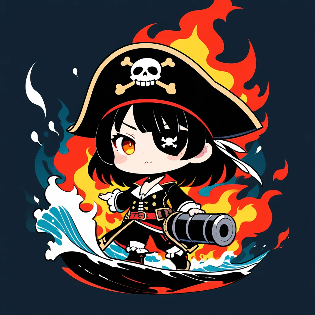 ultra-small deformation, Chibi Cute, 1girl, solo, full body, Pirate costume, eyepatch, skull logo, fire a cannon, High contrast and vivid color, ocean, smoke, flame, Pirate War