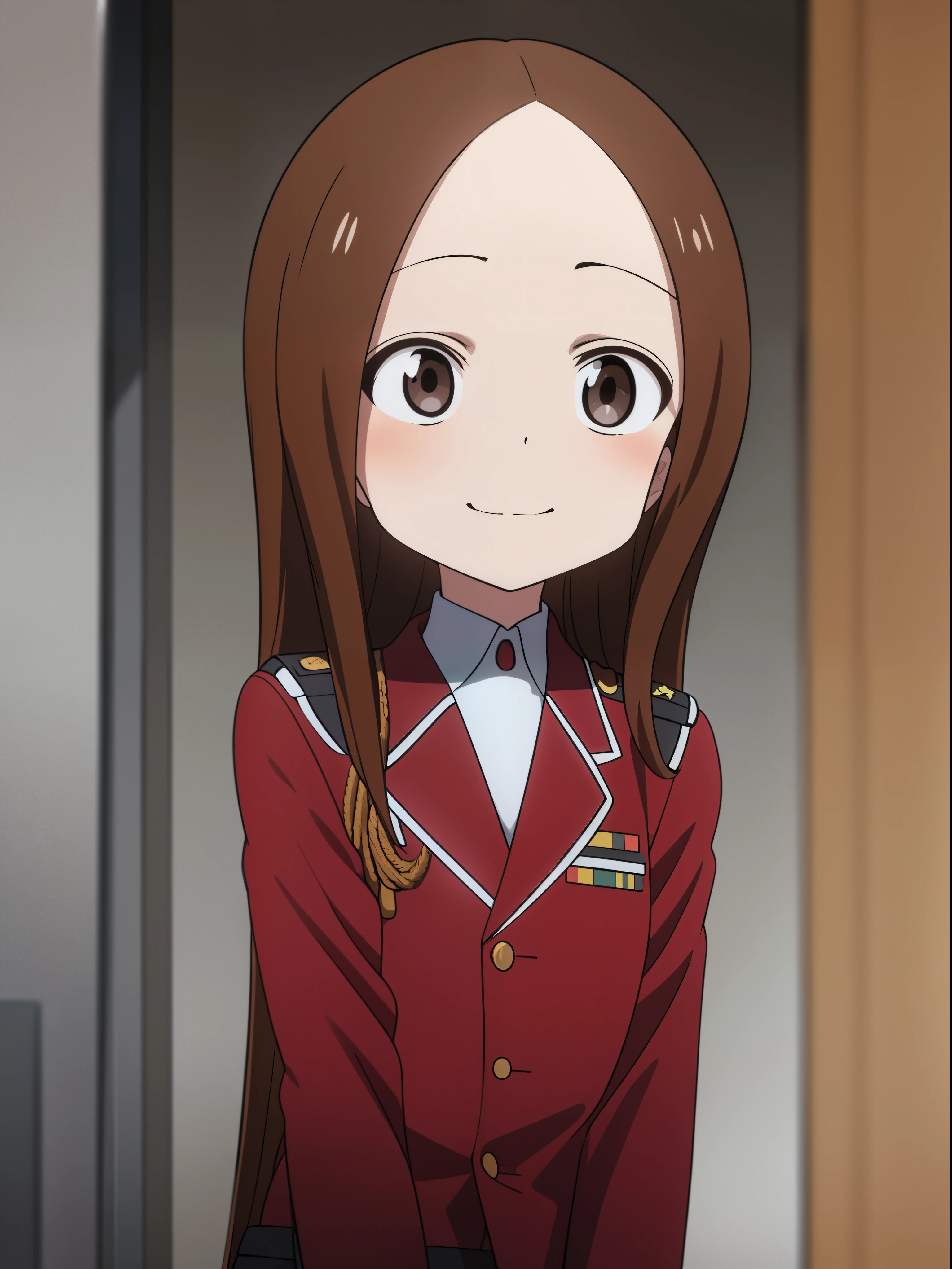 Takagi san, military dress uniform, dark place, intricate details, high qualiy