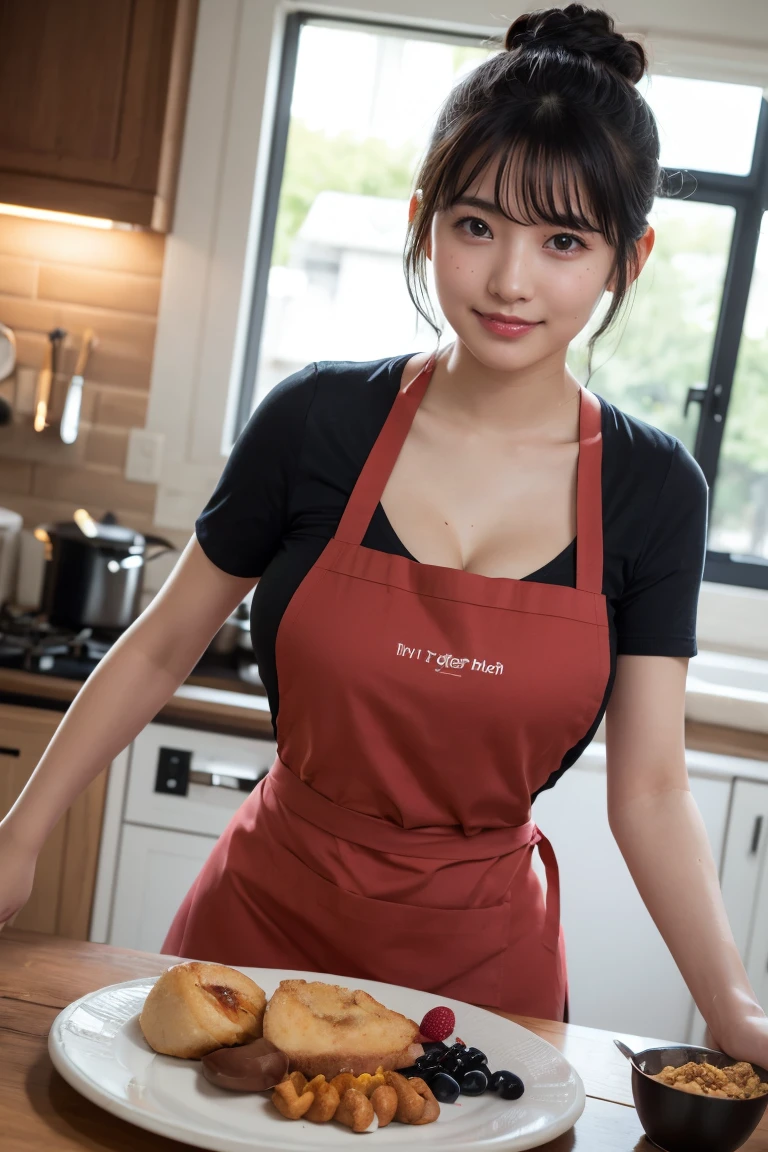 A woman is cooking, In the kitchen, Naked Apronを着用,(Naked Apron,Dark red apron,Short apron),(Hair Bun,curly,Black Hair),Medium Shot,smile,smile,Big round box,(cover-),Slim figure, Sweaty skin,(mole,pores),Realistic,Realistic:1.37, Tabletop, Highest quality,Hmph,Highly detailed skin,Detailed face,Amazing eye for detail,Beautiful and delicate,Detailed clothing,High resolution photos,Professional Light,Cinema Lighting, Cleavage、 Thighs、