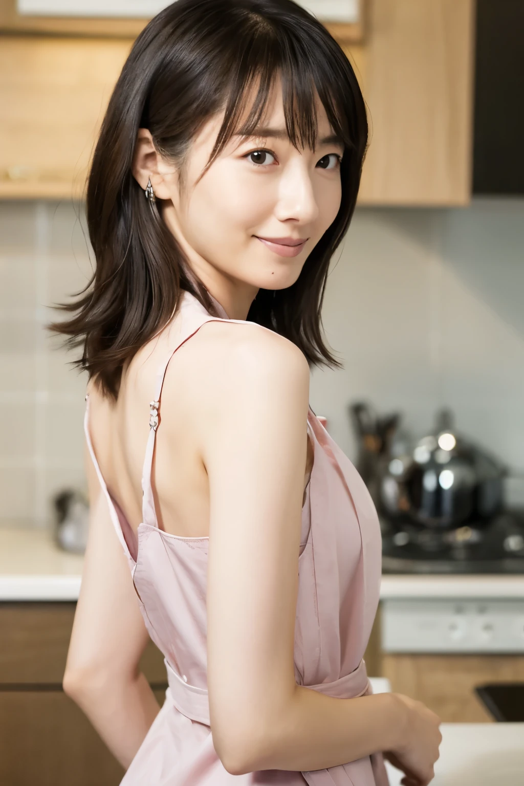 Back view of a skinny Japanese woman, 30-years-old, standing at a kitchen. She has small breasts and thin waist, a cute face and black hair, detailed face, detailed eyes. She is wearing only a full apron on nude.