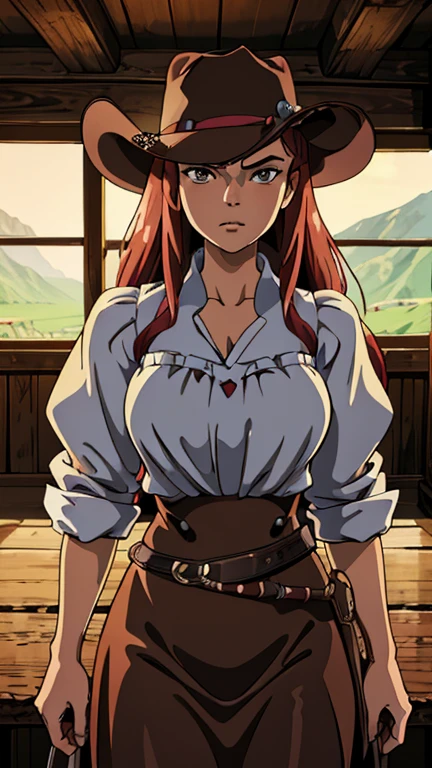 (1girl, JessicaWaifu), (extremely detailed CG unit 8k wallpaper),(master part), (best quality), (ultra detail), (best illustration),(ghibli style), cowboy shot, (Sharp eyeliner, ombre, detail eyes), wild west saloon interiors background, ,break , (sexycowboy), upper body