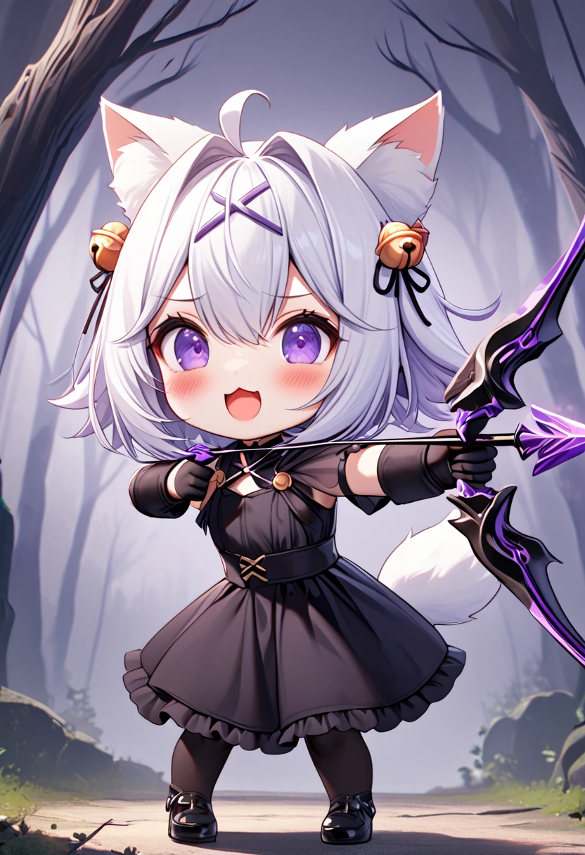 master piece, best quality, ultra-detailed, illustration, 1girl, solo, chibi, (big head), cute pose, front view, looking at viewer, ((full body Close up)), filian, filianoverall, Filiansailor, ((white hair)) , short hair, shoulder length hair, fly-away hair, (purple hair ornament:1.5), (purple hairclip:1.5), cat ears, (hair bell:1.5) ahoge, purple eyes, blush, open mouth, laughing, fluffy tail, ((archer outfit)), long black frilly gown, white arm sleeves, black gloves, black stockings, black high heels, holding a black bow, aiming a bow, purple string, black arrow, spooky forest background, gloomy atmosphere, broken trees