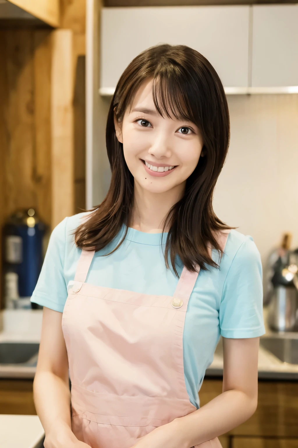 Back view of a skinny Japanese woman, 30-years-old, standing at a kitchen. She has small breasts and thin waist, a cute face and black hair, detailed face, detailed eyes. She is wearing only a full apron on nude.