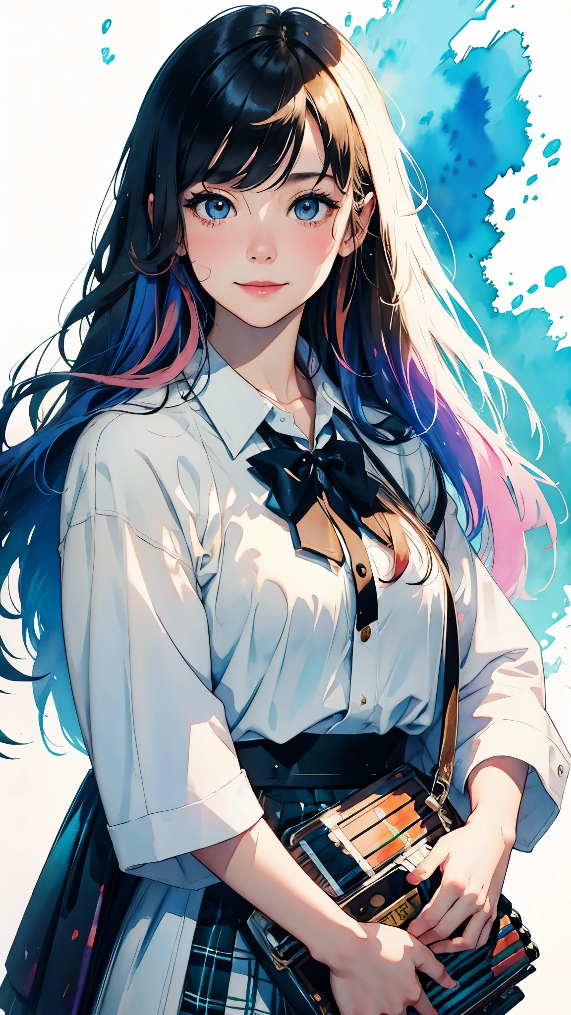 Splatter backgrounds and spray paint effects by Adam Hughes、Schoolgirl uniform、Center of upper body、Multi-coloured hair、Close ~ eyes、Big happy smile、watercolor画、watercolor、watercolorスタイル、watercolorの詳細なアート、watercolorデジタル画、watercolor絵の具、非常に詳細なwatercolor画、watercolor、Japanese women、18-year-old、Long Hair、accordion、Dynamic pose。