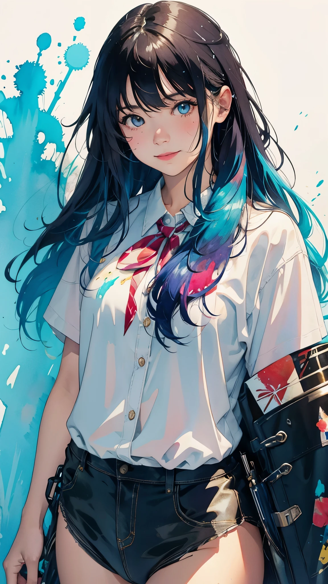 Splatter backgrounds and spray paint effects by Adam Hughes、Schoolgirl uniform、Center of upper body、Multi-coloured hair、Close ~ eyes、Big happy smile、watercolor画、watercolor、watercolorスタイル、watercolorの詳細なアート、watercolorデジタル画、watercolor絵の具、非常に詳細なwatercolor画、watercolor、Japanese women、18-year-old、Long Hair、accordion、Dynamic pose。