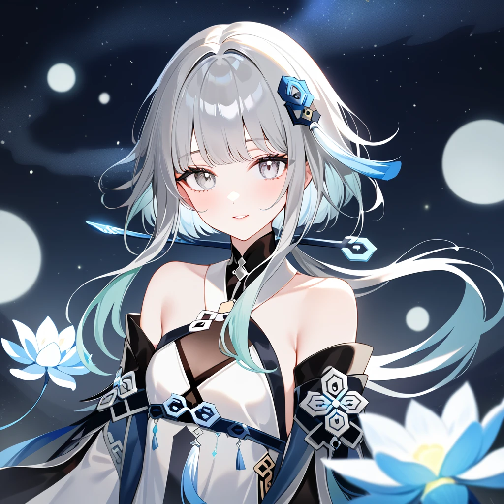 1girl, guizhong_\(genshin_impact\),(grey hair),short_hair_with_long_locks in front and low ponytail in back,gradient_hair,(pale grey eyes with seafoam gradient),starry_sky_print,detached_sleeves white outside blue starry inside, hands completely hidden by long sleeves,stunning field of softly glowing cerulean and white glaze lilies,night scene,gentle smile,face focus, eye focus,ladyshadow,moonlight,glossy lips,vivid anime coloring,cel shading,smooth, soft dreamy focus,anklet,halter_top,white clothes,highly detailed,digital painting,bare_shoulders,barefoot,cool night tones, magical night scene,bokeh, professional,anemo colored fireflies,nebula of stardust and silvery vapor,harmonious blend of nature and art,transcendent beauty,awe-inspiring artwork,(best quality,4k,8k,highres,masterpiece:1.2),yunamaro,carnelian,dsmile,cosmic stardust