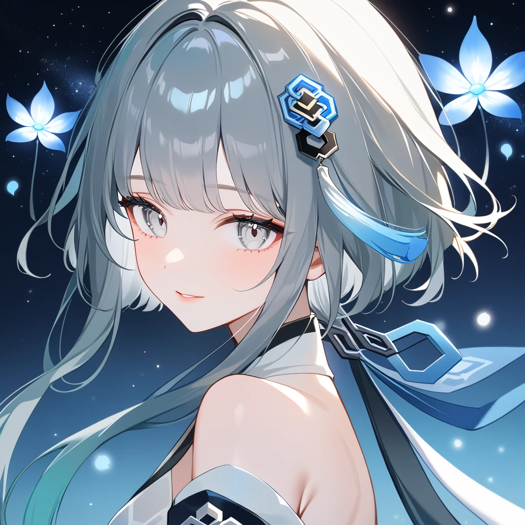 1girl, guizhong_\(genshin_impact\),(grey hair),short_hair_with_long_locks in front and low ponytail in back,gradient_hair,(pale grey eyes with seafoam gradient),starry_sky_print,detached_sleeves white outside blue starry inside, hands completely hidden by long sleeves,stunning field of softly glowing cerulean and white glaze lilies,night scene,gentle smile,face focus, eye focus,ladyshadow,moonlight,glossy lips,vivid anime coloring,cel shading,smooth, soft dreamy focus,anklet,halter_top,white clothes,highly detailed,digital painting,bare_shoulders,barefoot,cool night tones, magical night scene,bokeh, professional,anemo colored fireflies,nebula of stardust and silvery vapor,harmonious blend of nature and art,transcendent beauty,awe-inspiring artwork,(best quality,4k,8k,highres,masterpiece:1.2),yunamaro,carnelian,dsmile,cosmic stardust