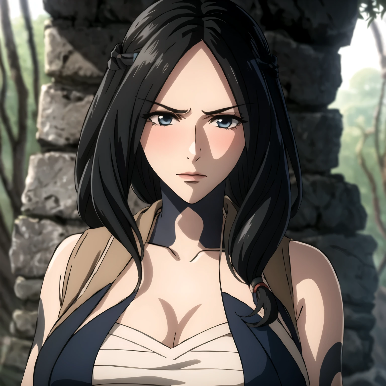 one day. 30 year old woman. black hair thick pigtails, strands of hair between his eyes. light blue eyes, big breasts, serious expression, blush, Pale skin, big breasts, lara croft costume, Lara Croft cosplay background a temple in the jungle. neckline.