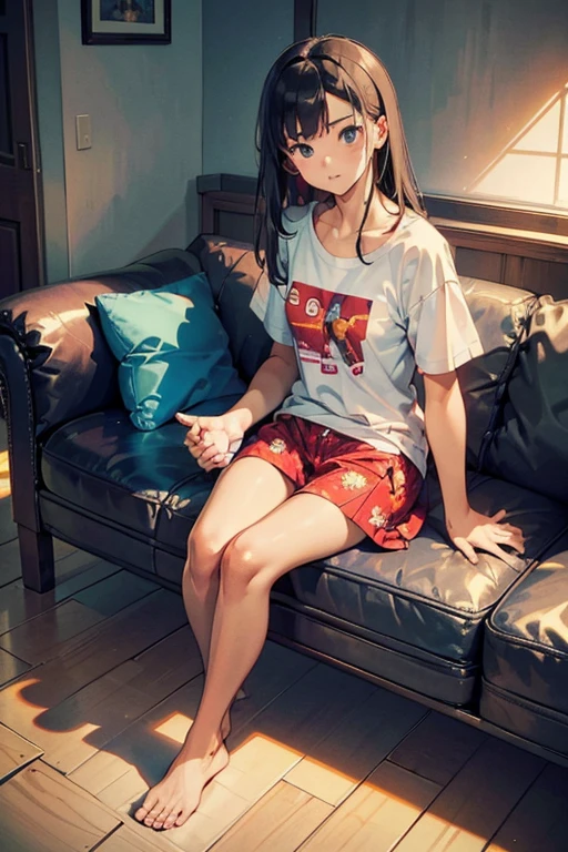 ((masterpiece)), (Highest quality), (One girl:1.2), Please wear a t-shirt and patterned boxer shorts, In the room, close, avert your eyes, barefoot, Sitting on the couch, ((Front to bottom)), (Press and hold the game controller),Retro，80 hair