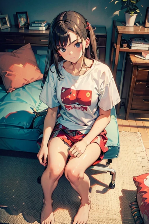 ((masterpiece)), (Highest quality), (One girl:1.2), Please wear a t-shirt and patterned boxer shorts, In the room, close, avert your eyes, barefoot, Sitting on the couch, ((Front to bottom)), (Press and hold the game controller),Retro，80 hair