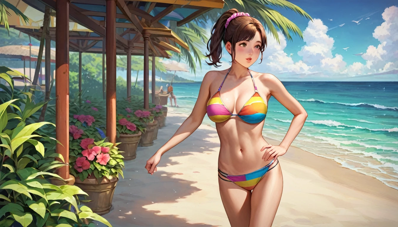 score_9, score_8_up, score_7_up, source_anime, masterpiece, best quality, very aesthetic, uncensored, 1 girl, cute face, beautiful detailed eyes, glossy lips, [round breasts, medium breasts], voluminous ponytail, pink scrunchie hair, brown hair, colorful bikini, slender legs, walking, resort, beach, sea waves, tree