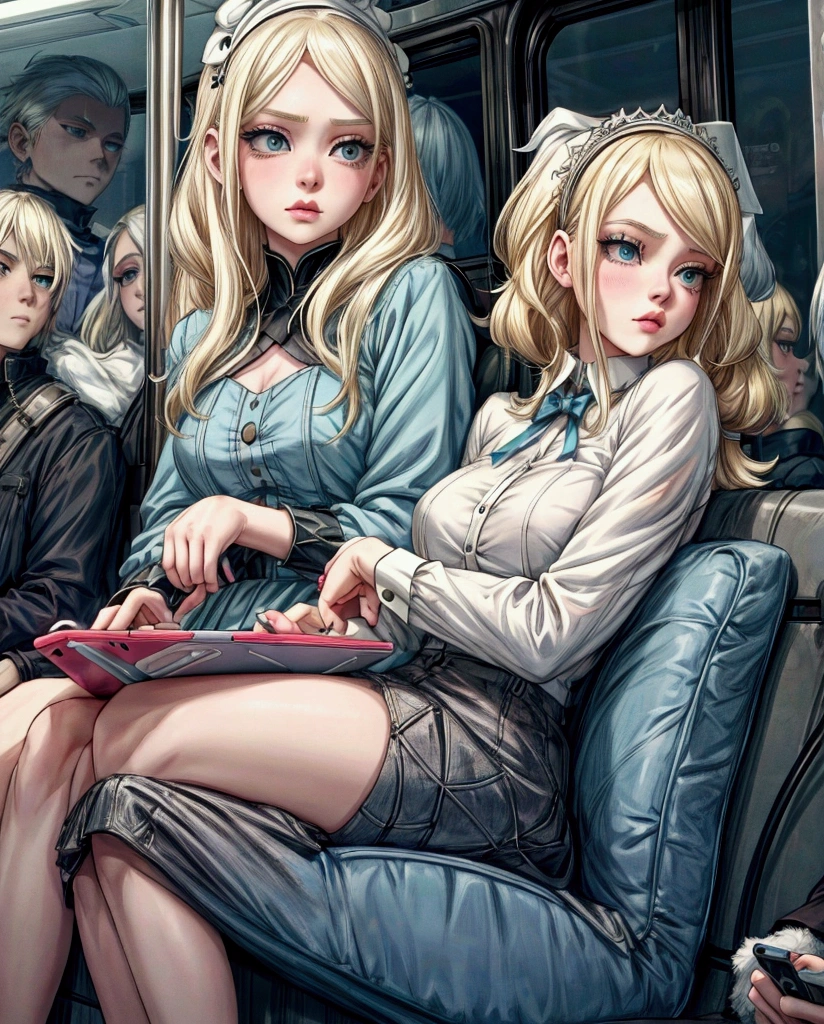 blonde woman sitting on a bus with a cell phone in her hand, anime girl in real life, ava max, perfect white haired girl, elle fanning as an android, her hair is white, belle delphine, sat down in train aile, checking her phone, blonde goddess, very very pale blond hair, blonde girl, portrait of kim petras