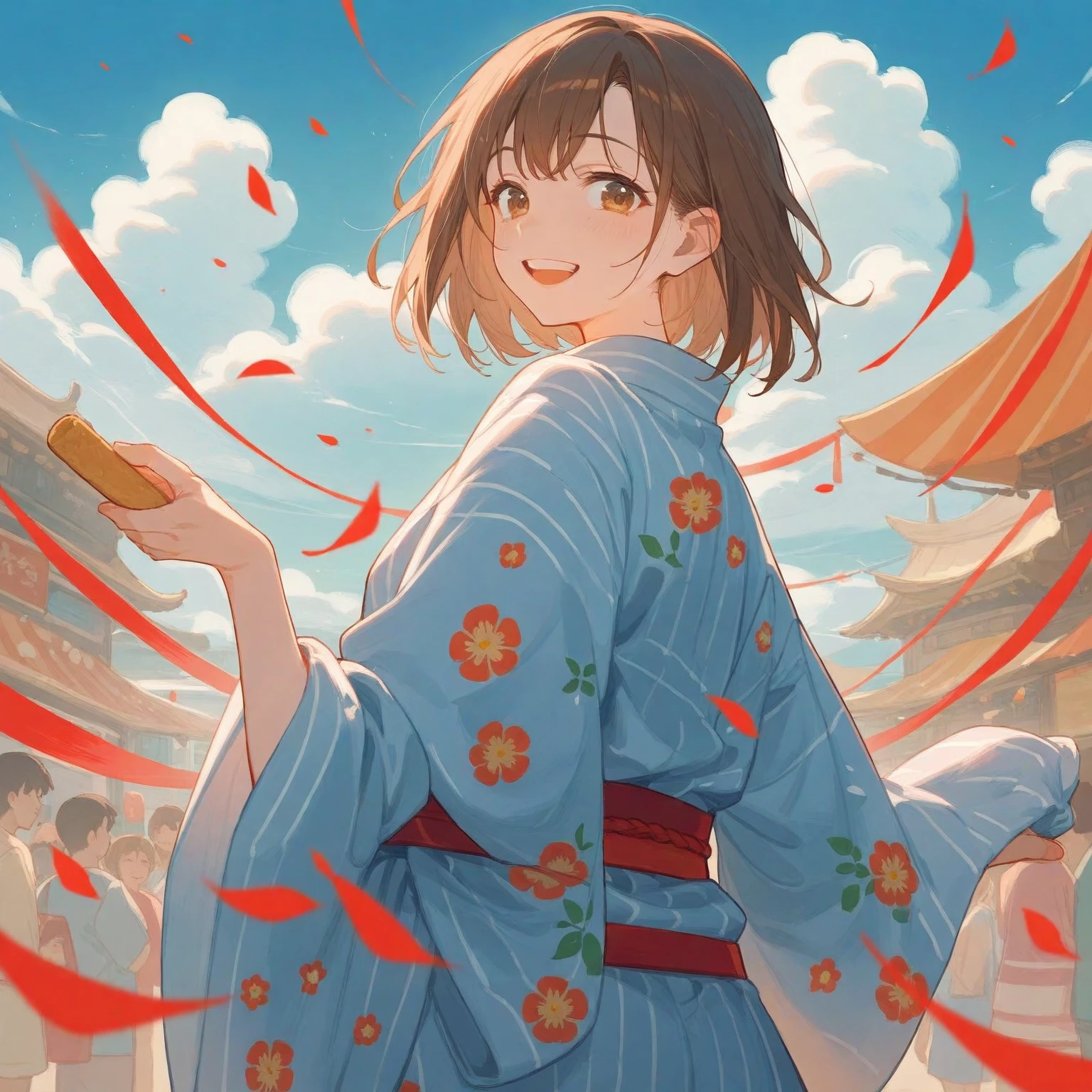 score_9, score_8_up, score_7_up, score_6_up, score_5_up, score_4_up, masterpiece, best quality BREAK 1girl、yukata、Brown Hair、Red ribbon belt、Holding out a hand, smiling, BREAK, summer festival、night