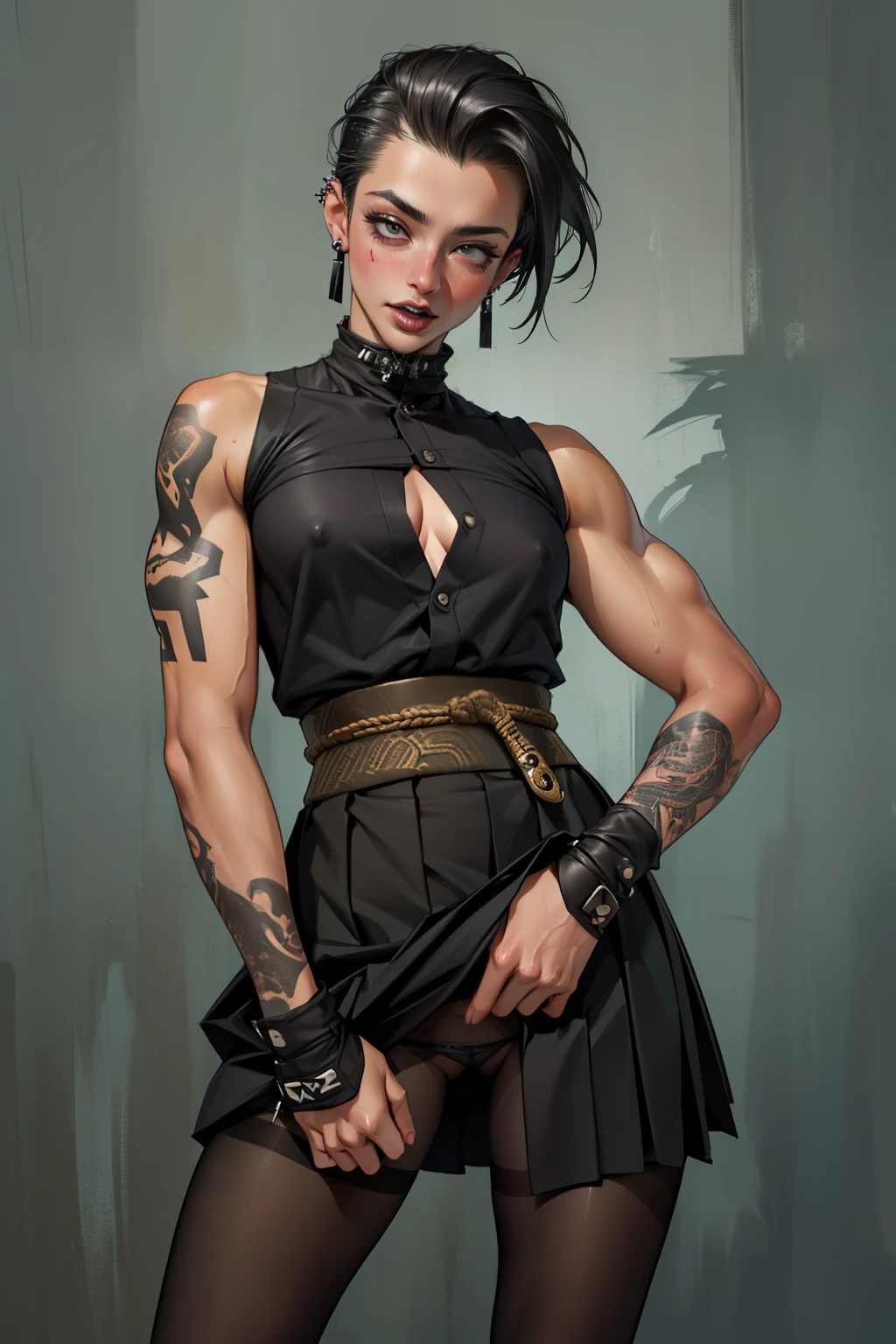 (high resolution, pixel perfect, gorgeous illustrations), (hyper quality, muste piece, etheric: 1.4), ((nsfw)), (cowboy shot), face focus, ((1girl)), (((boyish))), (((18 years old))), (hairy_woman), (((((punk))))), hot Rocker punk girl, ((((skirt lift, open stance)))), cool atmosphere, black hair, ((((very_short_hair, slicked_back_hair)))), (((piercing))), eyelid_piercing, nose_piercing, (((Exquisite face, orgasm))), blush, ((black_lips)), tattoo, ((((muscular_female)))), (ideal ratio body proportions, slender, small breasts), fighter, ((((ninja)))), (((panties under pantyhose, cameltoe))), shiny skin, gleaming skin, simple background,