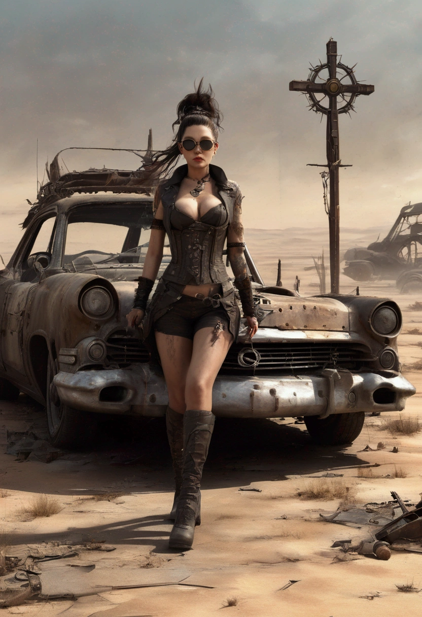 faithful image of an old rusty 1955 cadilac eldorado with spikes and crucifixes on the hood, military style with modifications, he is running in the sand of the Sahara desert, steampunk car, dramatic art, dieselpunk art style, apocalyptic road warrior vibe, a girl with sunglasses is inside the car, surreal digital art, mad max inspired, heavy metal artwork, chrome face symmetry, arte steampunk digital, this&#39;It&#39;s not the Mad Max style, metal art, this&#39;s not Filip Hodas&#39; artwork style, steampunk digital art, dieselpunk, in a hightech world, diagonal photo
