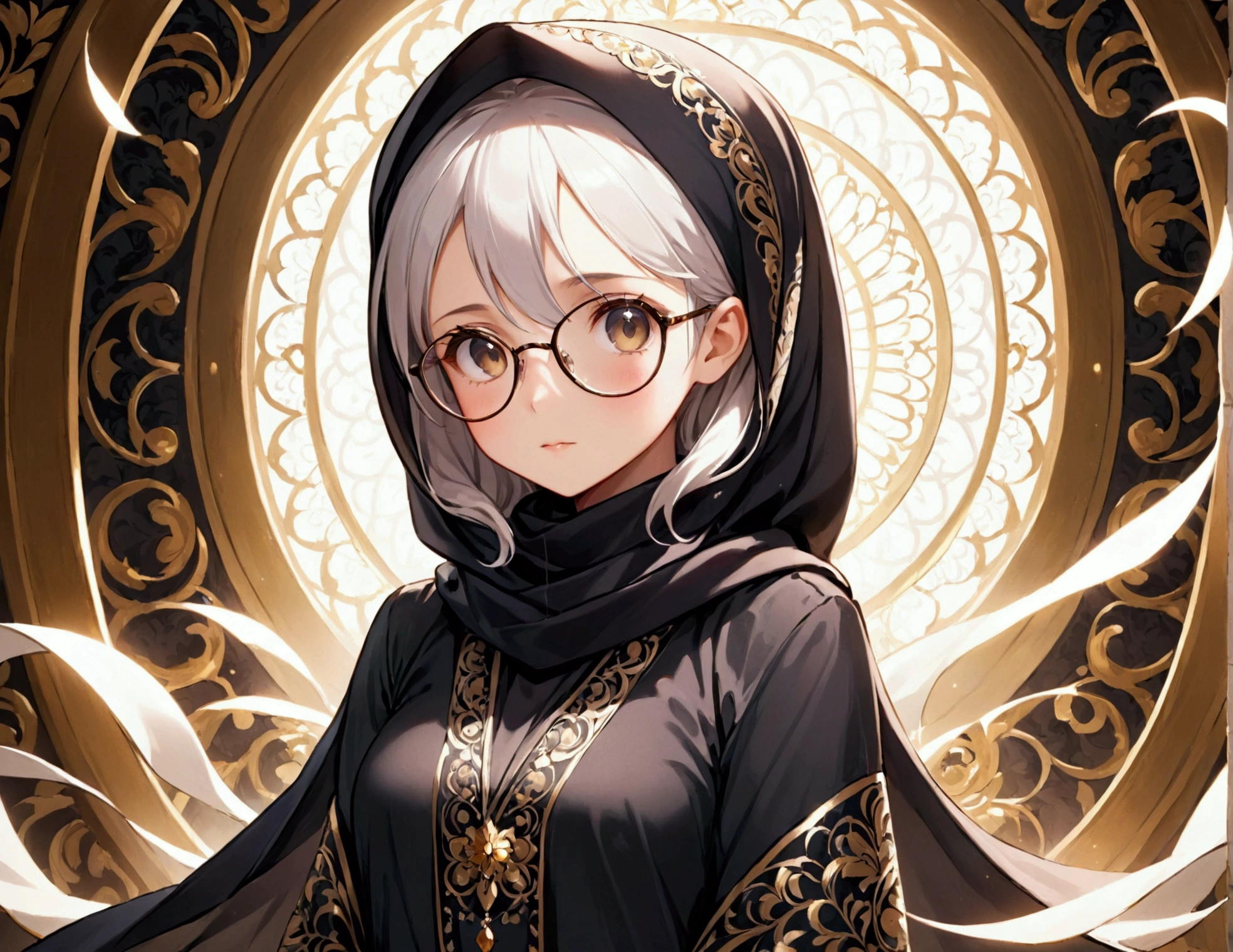 1girl, anime, glasses, hijab, cute
