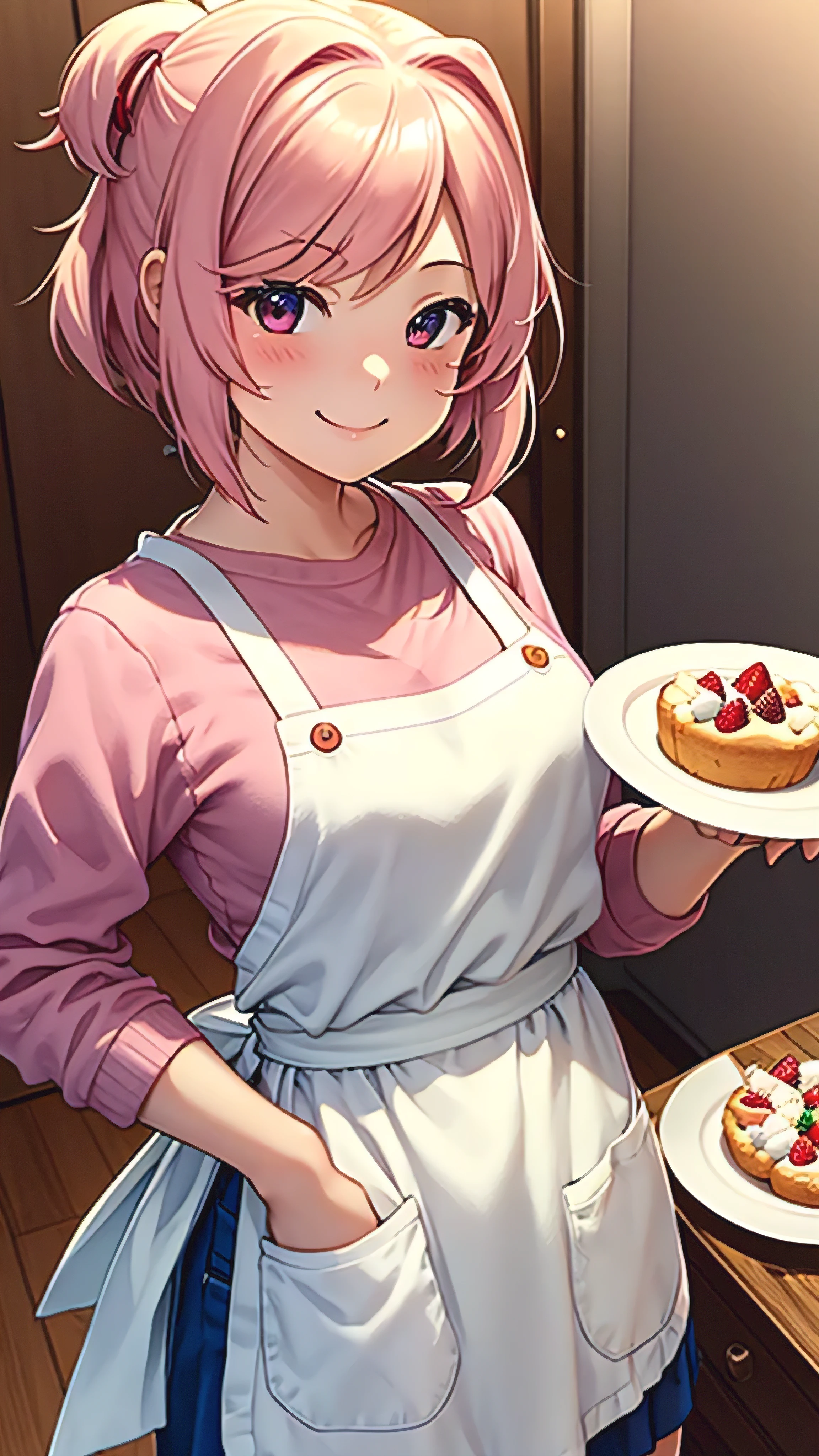 Natsuki holding a freshly baked vanilla cake, with a smile of satisfaction and pride on his face. The cake is decorated with a thin layer of white icing and some strawberries on top, highlighting its tempting appearance. The girl has an apron around her waist and a pastry palette in her hand.