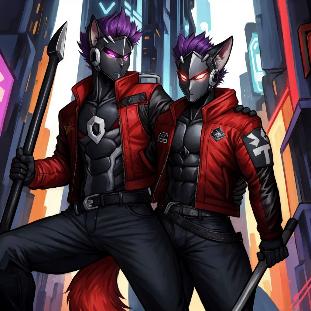 Red fox, Red body, red fur, Purple hair ontop its head, purple eyes, red tail with white tip, Fox ears red with white insides, black greyish tipped fox ears,
Black greyish front arms, black greyish lower legs,
Male, detailed eyes, long Fluffy tail, smiling, Tight jeans, one male,
holding cyberpunk styled axe its a big one, ((ONE male))
