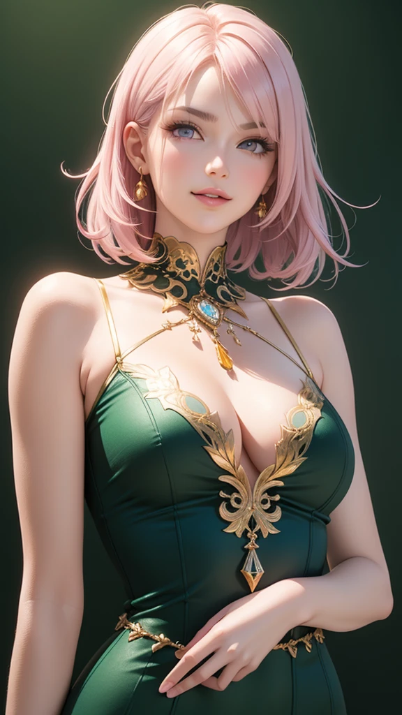 (masterpiece, best quality), intricate details, thin, ((slim)), beautiful girl, Light pink hair, light purple eyes, sharp jawline, Looking forward in serious, Dress , messy hair, lips, upper body, smirk, Green background, Transparent clothes