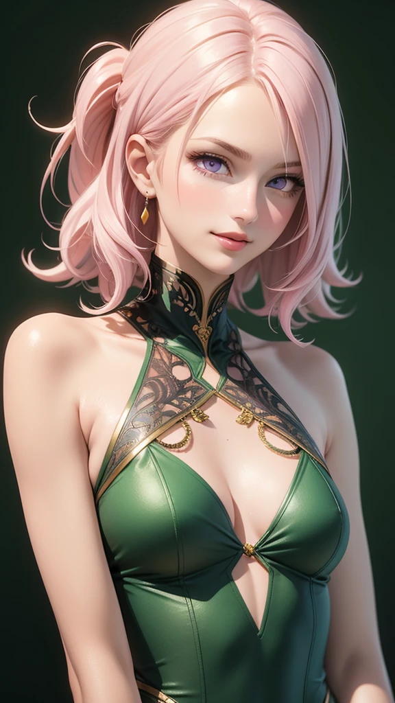 (masterpiece, best quality), intricate details, thin, ((slim)), beautiful girl, Light pink hair, light purple eyes, sharp jawline, Looking forward in serious, Dress , messy hair, lips, upper body, smirk, Green background, Transparent clothes