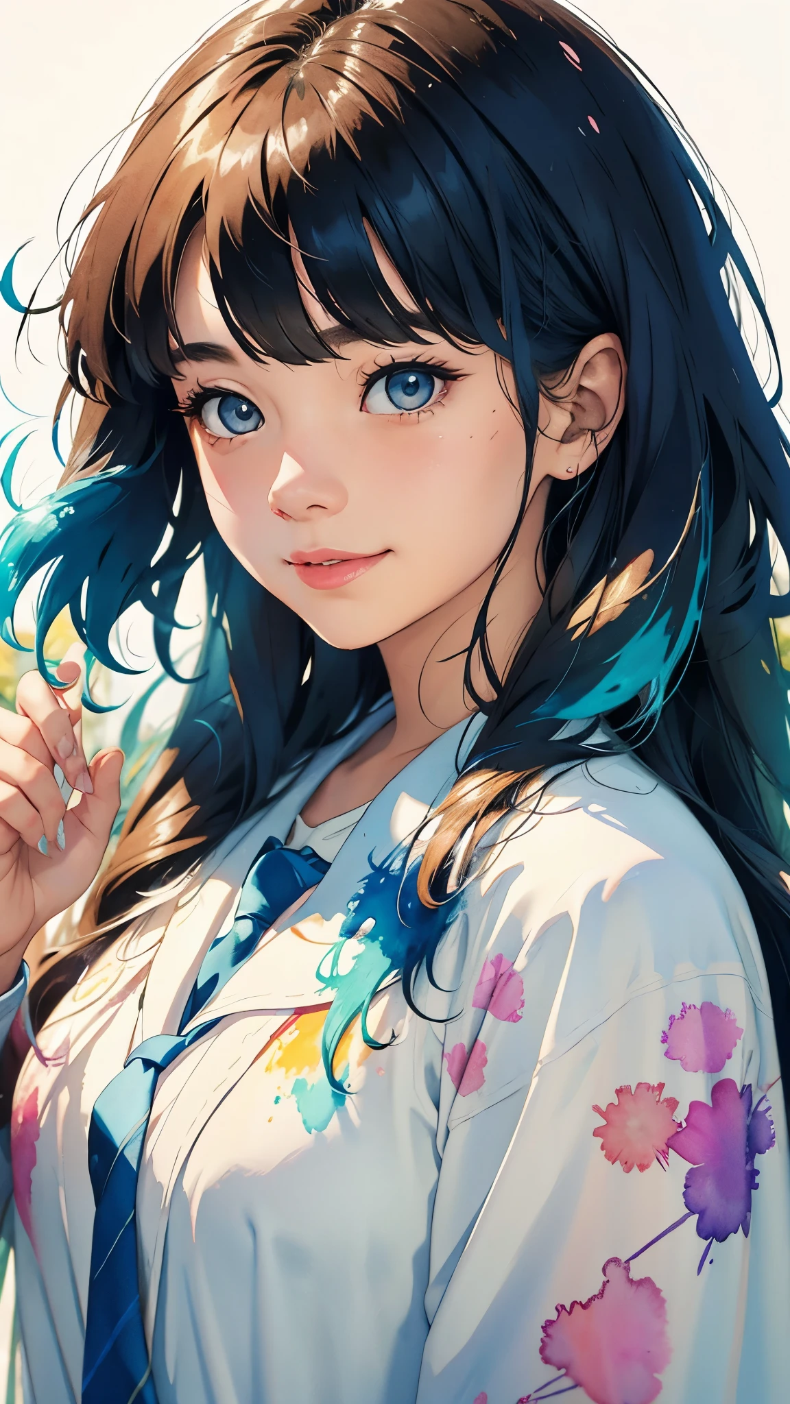 Splatter backgrounds and spray paint effects by Adam Hughes、Schoolgirl uniform、Center of upper body、Multi-coloured hair、Close ~ eyes、Big happy smile、watercolor画、watercolor、watercolorスタイル、watercolorの詳細なアート、watercolorデジタル画、watercolor絵の具、非常に詳細なwatercolor画、watercolor、Japanese women、18-year-old、Long Hair、Pianica、Dynamic pose。