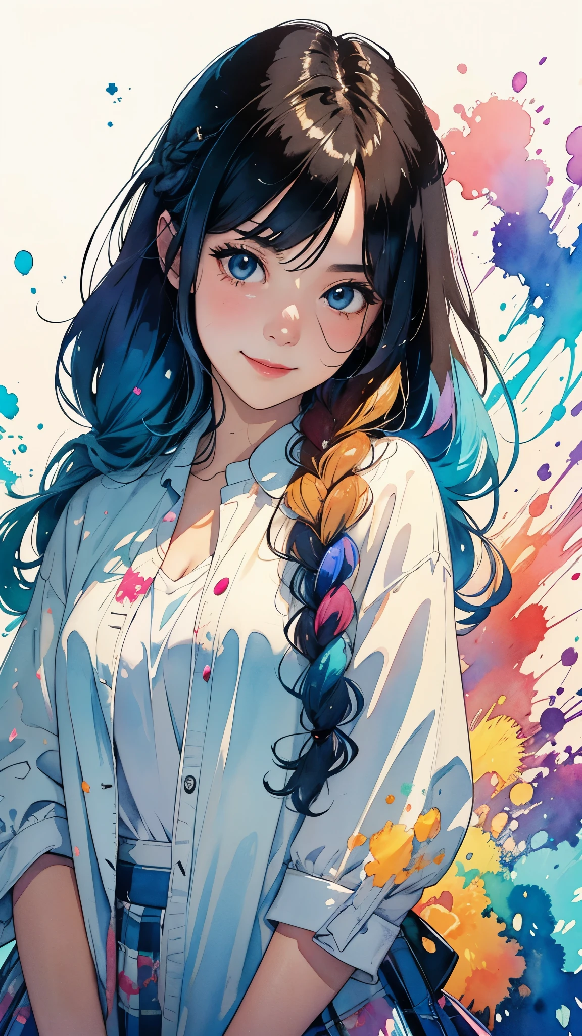 Splatter backgrounds and spray paint effects by Adam Hughes、Schoolgirl uniform、Center of upper body、Multi-coloured hair、Close ~ eyes、Big happy smile、watercolor画、watercolor、watercolorスタイル、watercolorの詳細なアート、watercolorデジタル画、watercolor絵の具、非常に詳細なwatercolor画、watercolor、Japanese women、18-year-old、Braid、Saxophone、Dynamic pose。