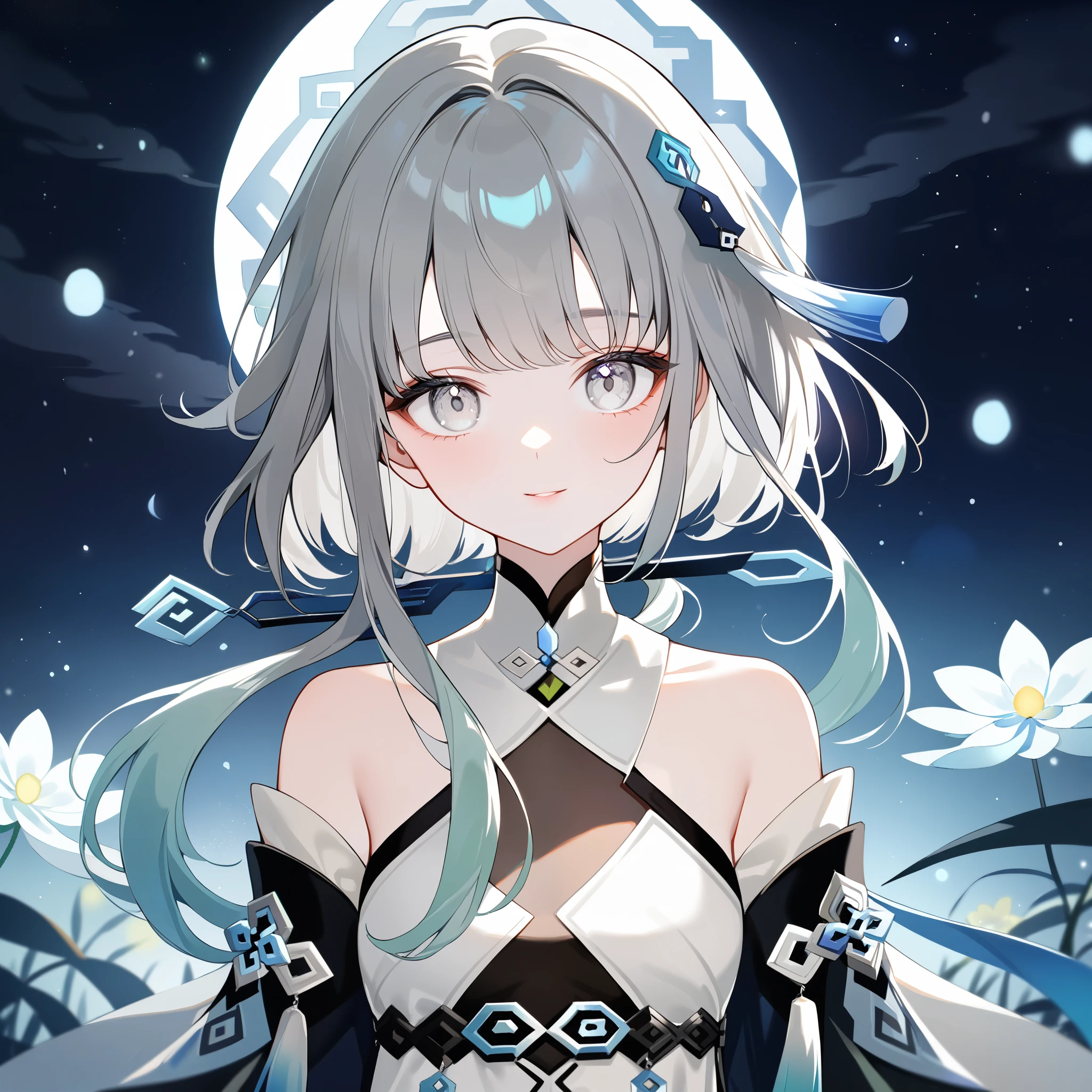 1girl, guizhong_\(genshin_impact\),(grey hair),short_hair_with_long_locks in front and low ponytail in back,gradient_hair,(pale grey eyes with seafoam gradient),starry_sky_print,detached_sleeves white outside blue starry inside, hands completely hidden by long sleeves,stunning field of softly glowing cerulean and white glaze lilies,night scene,gentle smile,face focus, eye focus,ladyshadow,moonlight,glossy lips,vivid anime coloring,cel shading,smooth, soft dreamy focus,anklet,halter_top,white clothes,highly detailed,digital painting,bare_shoulders,barefoot,cool night tones, magical night scene,bokeh, professional,anemo colored fireflies,nebula of stardust and silvery vapor,harmonious blend of nature and art,transcendent beauty,awe-inspiring artwork,(best quality,4k,8k,highres,masterpiece:1.2),yunamaro,carnelian,dsmile,cosmic stardust