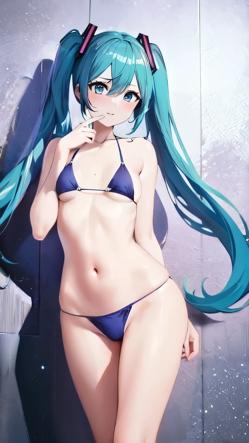 The bikini strings are navy blue,Small breasts,Body is thin,whole body,Bikini swimsuit with a small area,sexly,One Girl,12 Talents