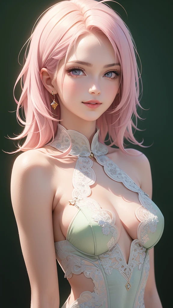(masterpiece, best quality), intricate details, thin, ((slim)), beautiful girl, Light pink hair, light purple eyes, sharp jawline, Looking forward in serious, Dress , messy hair, lips, upper body, smirk, Green background, Transparent skin