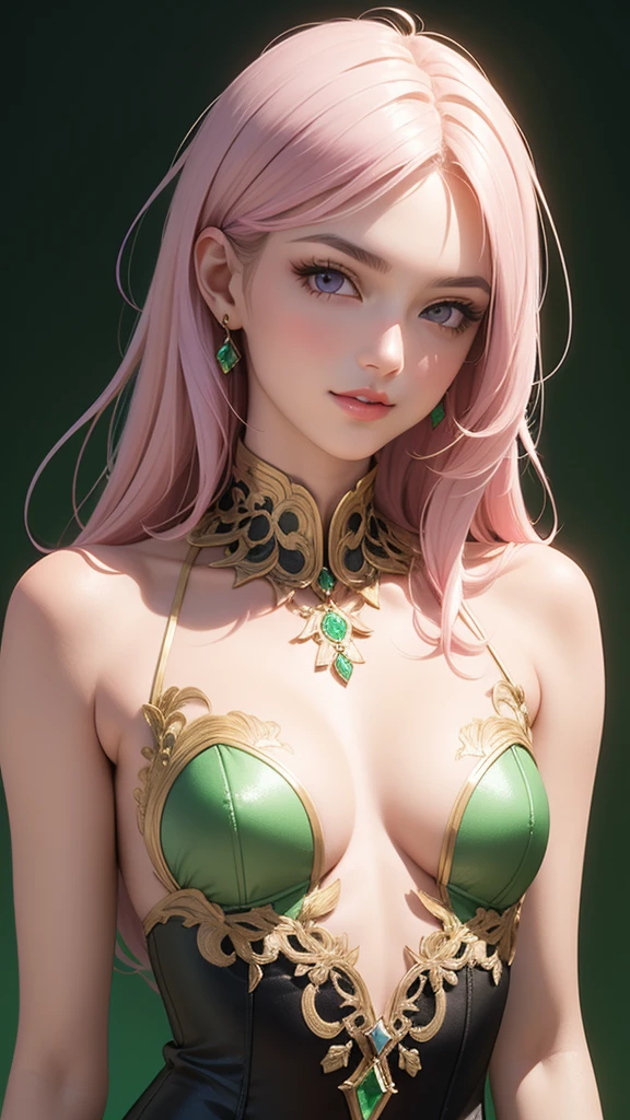 (masterpiece, best quality), intricate details, thin, ((slim)), beautiful girl, Light pink hair, light purple eyes, sharp jawline, Looking forward in serious, Dress  , messy hair, lips, upper body, smirk, Green background, Transparent skin