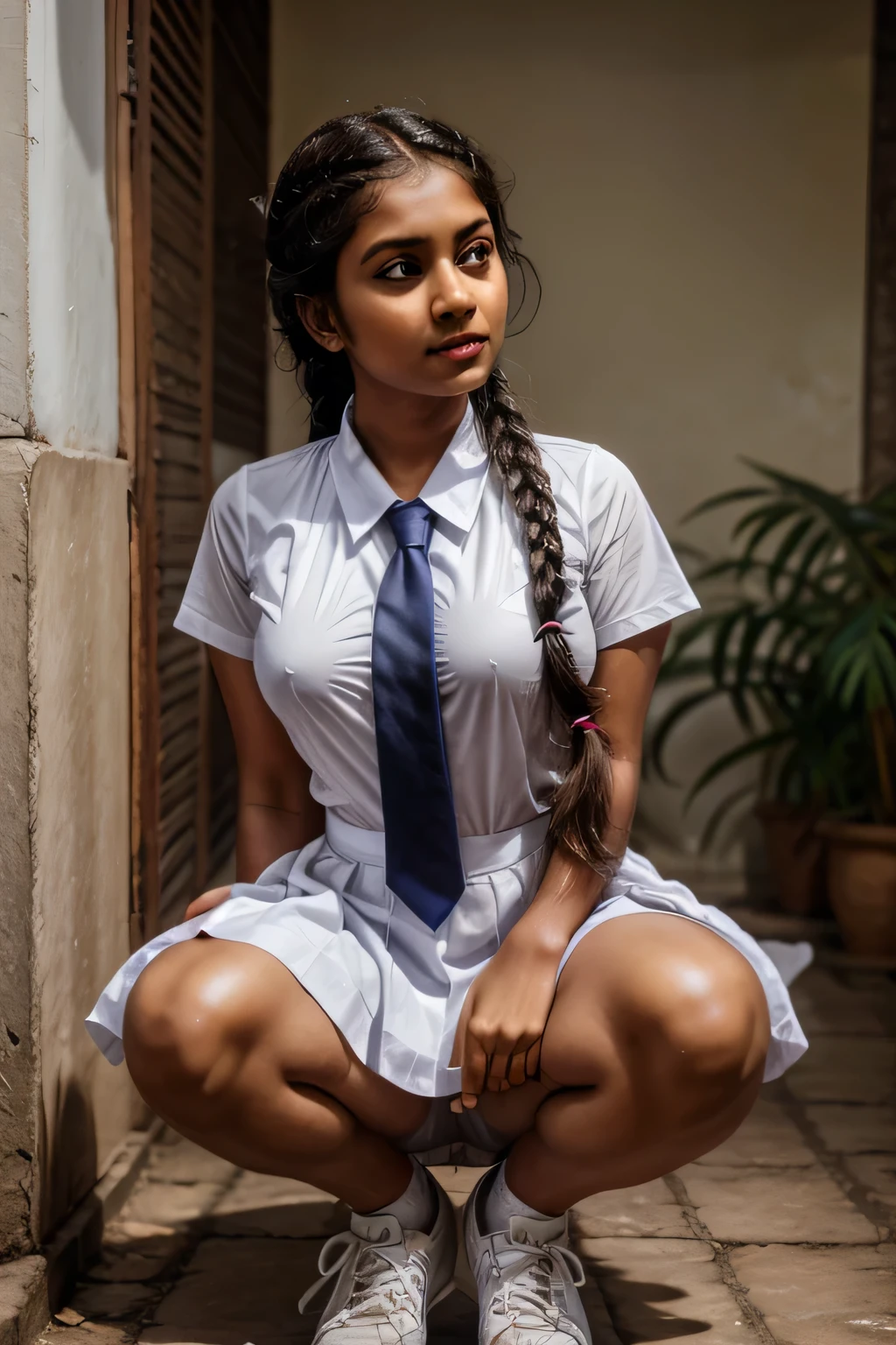 beautiful cute Sri Lankan school girl, wearing short socks and white sneakers, Large breast size , 20 years old, wearing a white frock and a colored tie. She has plaits, black braided long hair, showing hairy hirsute pussy, up skirt, cinematic lighting, glowing, movie filter, moody effect, thick body, beautiful Indian face, pale skin, squatting up skirt