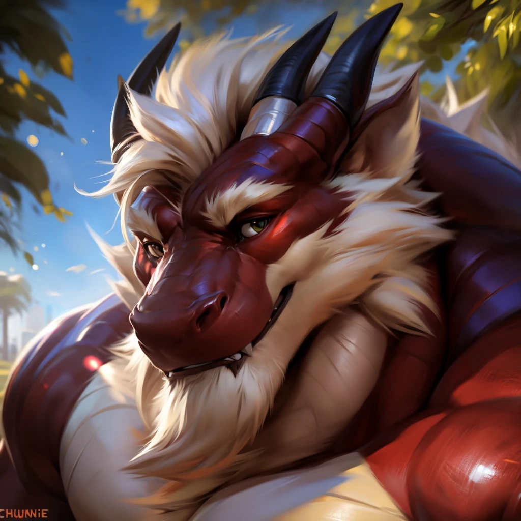 Dragon, Male, Solo, Avoiding eye contact with viewer, handsome face, hair, horn, detailed eyes, detailed face, Park background, Multi-colored body, correct face, Middle-aged, Sexy, Beefcake, Daddy, (Realistic Shadows, Depth of Field, Wide Field of View, Lens Flare, Head Shot), (by Darkgem, by Chunie, by null-ghost),