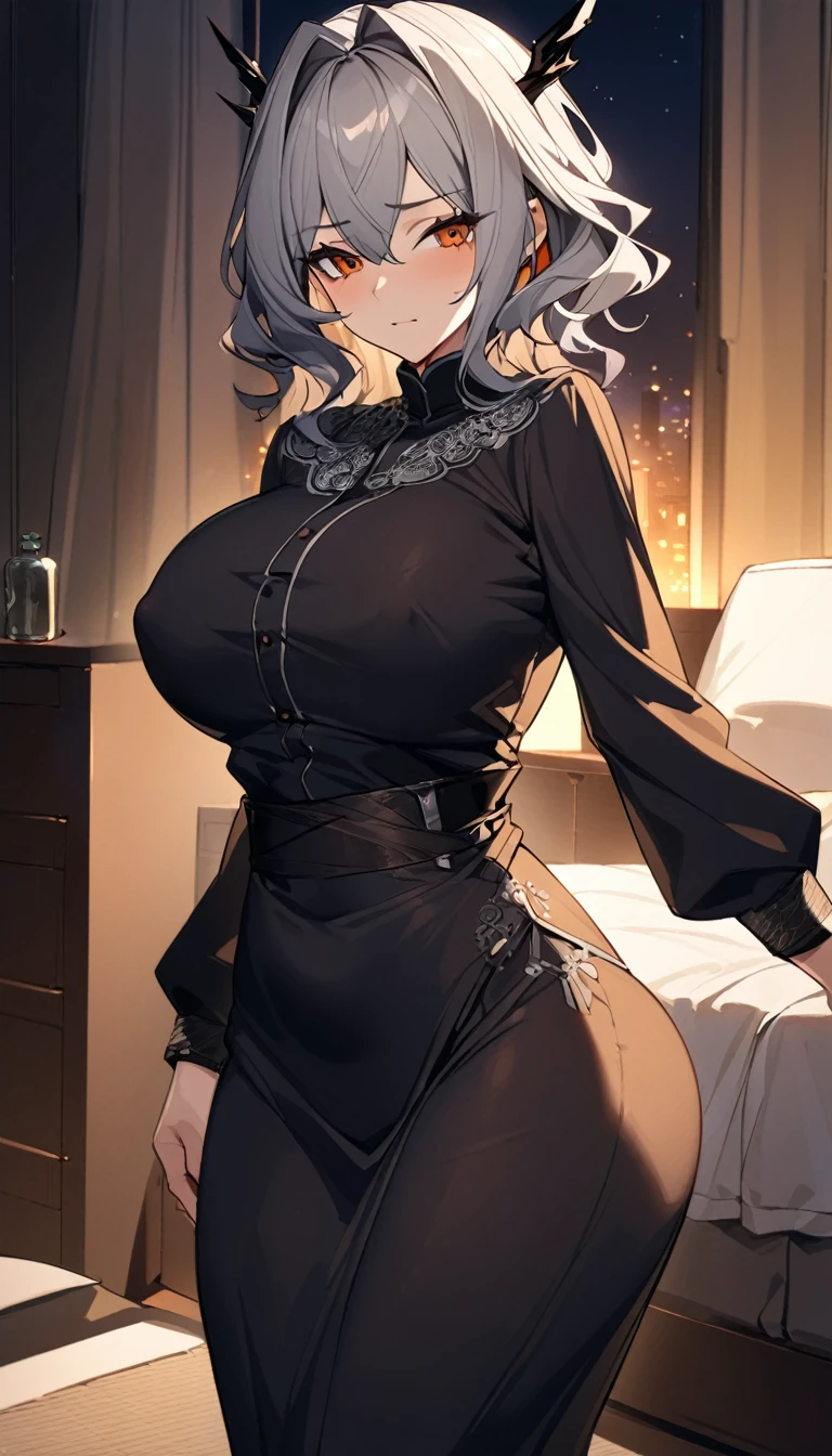 Talulah(Arknights),grey hair,curvy body, wearing clothes(Muslim attire),bedroom, night setting,close view,very nsfw, uncensored.