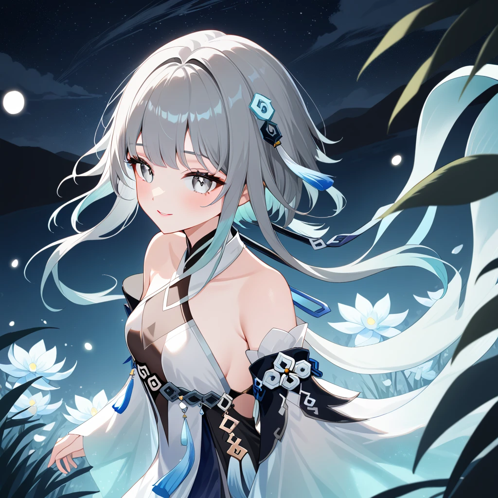 1girl, guizhong_\(genshin_impact\),(grey hair),short_hair_with_long_locks in front and low ponytail in back,gradient_hair,(pale grey eyes with seafoam gradient),starry_sky_print,detached_sleeves white outside blue starry inside, hands completely hidden by long sleeves,stunning field of softly glowing cerulean and white glaze lilies,night scene,gentle smile,face focus, eye focus,ladyshadow,moonlight,glossy lips,vivid anime coloring,cel shading,smooth, soft dreamy focus,anklet,halter_top,white clothes,highly detailed,digital painting,bare_shoulders,barefoot,cool night tones, magical night scene,bokeh, professional,anemo colored fireflies,nebula of stardust and silvery vapor,harmonious blend of nature and art,transcendent beauty,awe-inspiring artwork,(best quality,4k,8k,highres,masterpiece:1.2),yunamaro,carnelian,dsmile,cosmic stardust