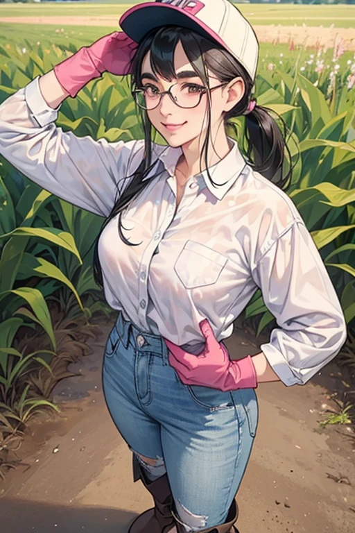 A freckled, glasses-wearing mature woman with black hair tied up, wearing a white long-sleeved flannel shirt, blue jeans and a baseball cap, working in the fields in winter while smiling and wearing rubber gloves and white rubber boots Thick eyebrows Long pink rubber gloves