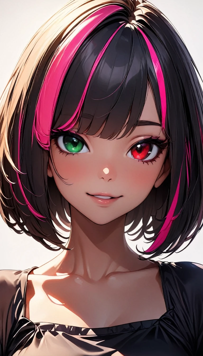 (highest quality:1.2, Very detailed, up to date, Vibrant, Ultra-high resolution, High Contrast, masterpiece:1.2, highest quality, Best aesthetics), Portraiture、girl、solo, (25-years-old:1), slim, heterrochromia, green eye, red eye, Bright colors、Beautiful fine details、Beautiful lip detail、extra short hair, ((bob cut:1.5))、pink and purple, ((streaked hair:1.9)), (highlights hair: 1.6), ( black Satin Camisole Set:1), (medium breast:0.7), (tan skin:0.5), (happy:1), standing, Front facing, (No background:1.4), ((Plain white background:1.3)), (full body:1), look at viewer