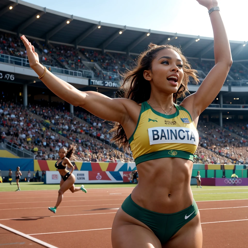 The photograph of a amazing realistic epic 16k quality and resolution image of very very beautiful and sexy athlete Olympic runner after winning the 100-meter dash race would be a powerful image full of emotion.. Here I describe what it could be like and the visual impact it would have.:

Composition and Position:

The runner would have her back to the camera, capturing her moment of triumph as she walks proudly down the court. His arms would be raised in victory, showing off his impressive physique and Jamaica&#39;s national sweatshirt. The composition would focus on his powerful figure, with the athletics track and the stands full of spectators blurred in the background.

Expression and Body Language:

Your body language would convey a sense of pride, strength and achievement. Arms raised in a V shape would show your confidence and celebration. His head would be raised, looking towards the stands with an expression of pure joy and relief on his face. Every muscle in your body would be defined and tense, showing the intensity of the physical effort you have just achieved.

Lighting and Colors:

The natural lighting of an open-air stadium would bathe the scene, creating soft shadows and highlighting your muscle contours. The athletics track would shine with a warm tone, contrasting with Jamaica&#39;s vibrant green and yellow sweatshirt. The runner&#39;s tanned skin would stand out in the sunlight, highlighting his dedication and training.

Background and Environment:

The stands filled with excited spectators would provide a dynamic and vibrant background. Jamaican flags would fly in the air, creating a sea of green colors, yellow and black. The faces of the fans would be full of joy and admiration, some with hands raised in the air in celebration. The atmosphere would be charged with energy and excitement., with shouts and applause echoing throughout the stadium.

Focus and Depth of Field:

The photograph would have a selective focus, with the clear runner in prime