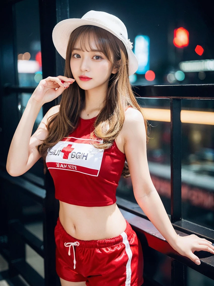 最high quality, masterpiece, 32K、Very detailed、Realistic、Four Girls, Japanese women、Cute Face, (photo Actual:1.3),Medium Hair(Blonde Hair Color、Great brown hairstyles)、Edge lighting, (Skin with attention to detail:1.2), 8k超High resolution, Single-lens reflex camera, high quality, High resolution, 4K, 8k, Optimal ratio of four fingers to one thumb, (Actual:1.3), cute Four Girls, Realistic、Super Realistic、32K、Very detailed、masterpiece, 最high quality, beautiful girl, beauty、Mecha, Beautiful lighting, (Neon Light:1.2), (night:1.5), K-POPアイドルコスチューム、Red Cross T-shirt、Sleeveless outfit、Red shorts、Red shiny shorts、Large Breasts(big 、There is a valley)、Swiss Flag T-Shirt、cowboy red hat、Red waist pouch、Are standing、Cyber Neon、Future City、Skyscraper、都会のnight、Shanghai、big cities、night景、綺麗なnight景