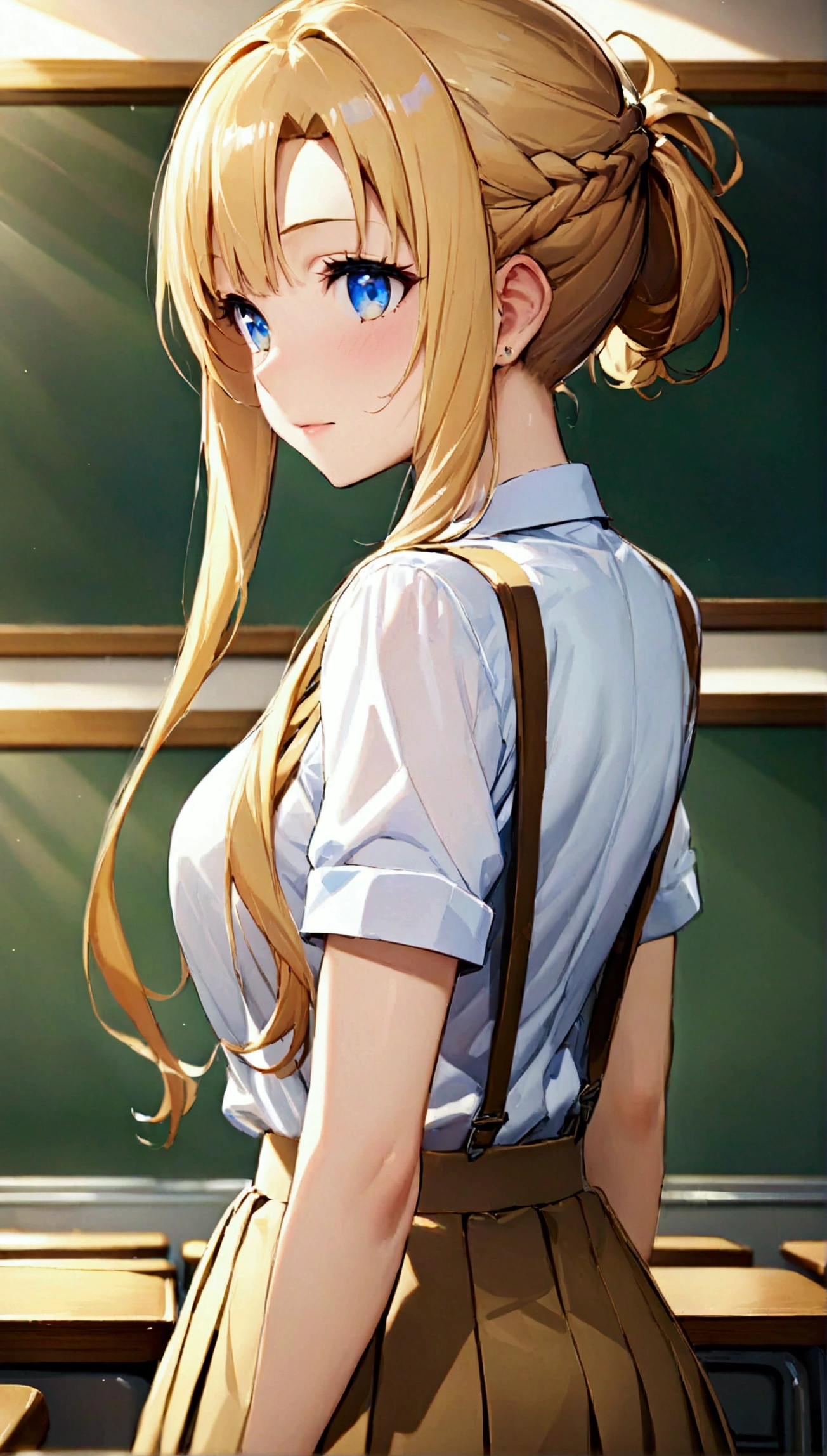 Masterpiece、Highest quality、Highest quality、school uniform、Long golden hair tied back、Blue Eyes、beautiful girl、Alice